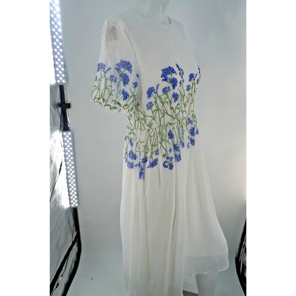 Feiman White Floral Chiffon Midi Dress Short Sleeve Blue Embroidery Size M - Picture 7 of 11